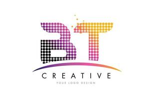 design do logotipo da letra bt bt com pontos magenta e swoosh vetor