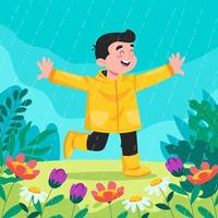 um menino feliz brincando na chuva vetor