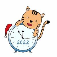 lindo filhote de tigre e relógio. símbolo do ano 2022. ilustração vetorial para feriado de natal e ano novo. vetor