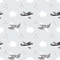 padrão sem emenda de avião no céu. nuvem e chuva. fundo cinza para costura roupas de crianças. papel de parede para o quarto do menino. impressão em tecido, têxteis e papel de embalagem. vetor