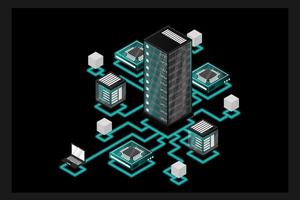 conceito de gerenciamento de rede de dados. Mapa isométrico de vetor com computadores e dispositivos de servidores de rede de negócios