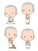 personagem de desenho animado de freiras budistas tailandesas em diferentes poses. vetor