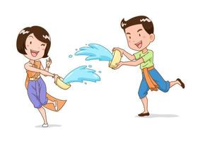 personagem de desenho animado de menino e menina espirrando água com uma tigela de água no festival Songkran, Tailândia. vetor