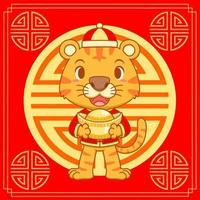 ilustração dos desenhos animados de tigre bonito segurando lingote de ouro sobre fundo vermelho para a celebração do ano novo chinês. vetor