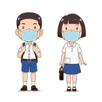 personagem de desenho animado de menino e menina estudante usando máscara higiênica. vetor