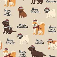 padrão sem emenda de cães no inverno de malha chapéus brancos vermelhos e lenços, letras, presentes. labrador retriever, filhote de cachorro poodle, buldog, akita inu, pug. ilustração vetorial na época do natal vetor