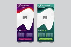 banner vertical com produto. Resumo de fundo dental azul e roxo - conceito de tecnologia de cuidados de saúde ou medicina. vetor