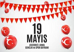 19 de maio comemoração do ataturk, dia da juventude e do desporto. o turco fala 19 mayis ataturku anma, genclik ve spor bayrami. cartão de saudação de feriado turco. ilustração vetorial vetor