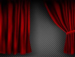 cortina de veludo vermelho colorido realista dobrada sobre um fundo transparente. cortina de opção em casa no cinema. ilustração vetorial