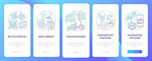 tela da página do aplicativo móvel de integração dos serviços de compartilhamento de bicicletas. bicicletas dockless com instruções gráficas de 5 etapas com conceitos. modelo de vetor ui, ux, gui com ilustrações coloridas lineares