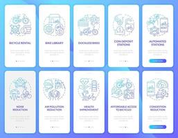 conjunto de telas de páginas do aplicativo móvel integrado para sistema de compartilhamento de bicicletas. bicicletas aluguel passo a passo 5 etapas instruções gráficas com conceitos. modelo de vetor ui, ux, gui com ilustrações coloridas lineares