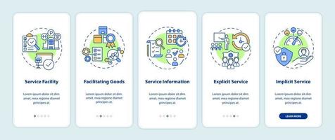 características do serviço na tela da página do aplicativo móvel. gerenciamento de operação passo a passo 5 etapas instruções gráficas com conceitos. modelo de vetor ui, ux, gui com ilustrações coloridas lineares