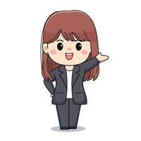 Mulher de negócios fofa com terno formal kawaii chibi design de personagens vetor