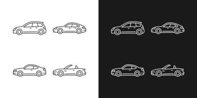 ícones lineares de carros esportivos práticos definidos para o modo claro e escuro. modelo hatchback. sedan esportivo. automóvel cupê. símbolos personalizáveis de linha fina. ilustrações isoladas de contorno vetorial. curso editável vetor