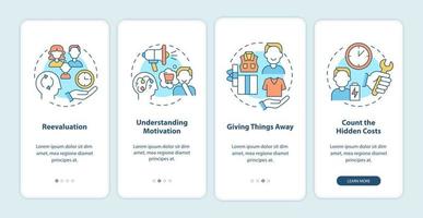 desafiando o consumismo na tela da página do aplicativo móvel. pare de compra excessiva passo a passo 4 etapas instruções gráficas com conceitos. modelo de vetor ui, ux, gui com ilustrações coloridas lineares