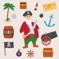 pacote pirata conjunto isolado no fundo branco. pacote de pirata, mapa do tesouro, rum, roda de navio, âncora, barril, bomba vetor