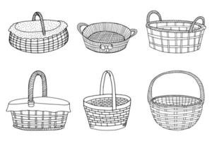 um conjunto de cestos de vime. desenho manual. imagem em preto e branco, páginas para colorir vetor