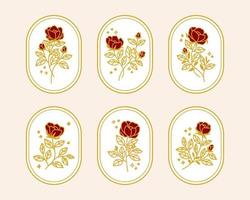 conjunto de elementos de logotipo feminino de flor rosa vintage desenhada à mão e beleza vetor