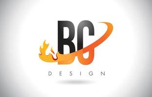 logotipo da letra bc bc com design de chamas de fogo e swoosh laranja. vetor