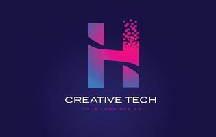 h design do logotipo da letra inicial com pixels digitais nas cores roxo azulado. vetor