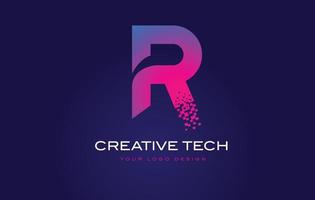 r design do logotipo da letra inicial com pixels digitais em azul e roxo. vetor