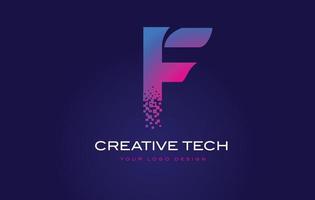 f design do logotipo da letra inicial com pixels digitais nas cores roxas azuis. vetor