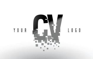 Logotipo da letra cv cv pixel com quadrados pretos digitais quebrados vetor