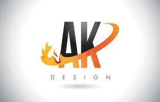 logotipo da letra ak ak com design de chamas de fogo e swoosh laranja. vetor