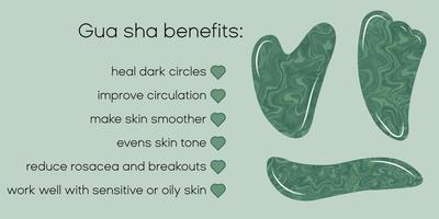 jade guasha verde beneficia banner infográfico para jovem usando pedras preciosas e esitérico para o bem-estar. vetor