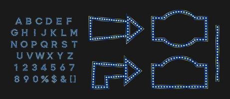 quadro indicador azul brilhante e seta para banner preto de venda sexta-feira. alfabeto de marca para logotipo do clube noturno ou distintivo do evento. vetor