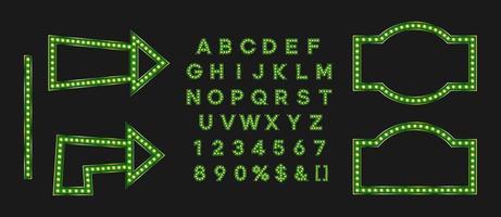 moldura brilhante verde e seta para preto banner de venda sexta-feira ou tabuleta. alfabeto de marca para logotipo do clube noturno ou distintivo do evento. vetor