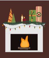 Lareira elegante com presente de Natal, velas e guirlanda brilhante para a decoração do cartão. vetor