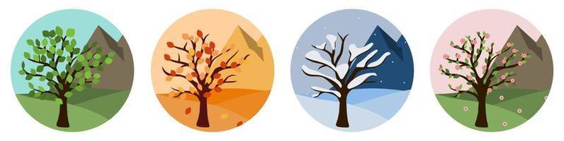 ícones de círculo com árvore para vetor de conceito de quatro temporadas. ilustração de design gráfico do tempo de mudança ao longo do ano. ambiente de natureza selvagem para acampar, esquiar.