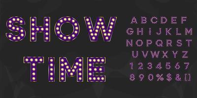 violeta show time brilhando alfabeto letreiro com números e luz quente. letras iluminadas vintage roxas para logotipo de texto ou banner de venda vetor
