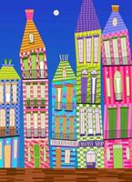 fantásticas casas altas coloridas. ilustração desenhada à mão com cores vibrantes. vetor
