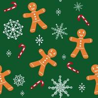 padrão bonito com homem-biscoito, glacê branco. flocos de neve, pirulito, neve sobre fundo verde. biscoito sorridente de Natal. ilustração vetorial