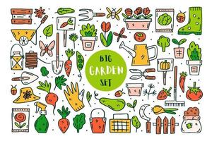 jardinagem vetor doodle linha arte clip art conjunto de elementos adesivos ícones isolados no fundo branco elementos de design colorido ferramentas de jardinagem plantas folhas roupas passatempo