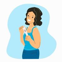 uma mulher está fazendo um teste de gravidez com duas tiras e sorrindo. vetor