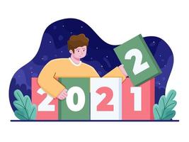 ilustração de pessoas alterando calendários de 2021 a 2022 para começar um novo ano. ilustração plana de feliz ano novo. passar para o ano novo. transição de ano novo. ilustração dos desenhos animados do ano novo.