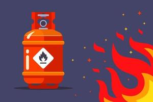 cilindro de gás vermelho perigosamente perto do fogo. substância inflamável. ilustração em vetor plana isolada no fundo branco.
