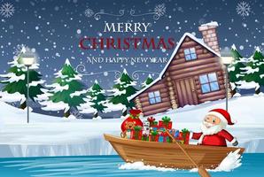 pôster de feliz natal com o Papai Noel entregando presentes em um barco a remo vetor