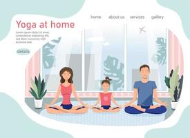 ioga em casa com toda a família. família feliz fazendo ioga em um interior moderno e aconchegante. ilustração vetorial em estilo simples. vetor