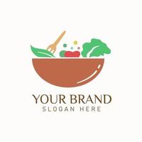 logotipo vegan com ilustração de folhas, frutas e talheres em uma tigela marrom. vetor