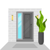 Casa de porta plana com planta verde vetor