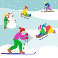 jogando ao ar livre. crianças em trenó. meninos esquiando. garota fazendo o boneco de neve. vetor