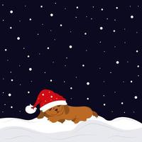 cachorro encontra-se na neve. cachorrinho com chapéu de Papai Noel vermelho. neva na noite de natal vetor