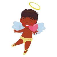 pequeno anjo afro-americano bonito em estilo cartoon com fralda amarela e auréola dourada segurando um coração na mão vetor