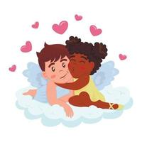 Anjinho afro-americana linda garota no estilo cartoon com vestido rosa e auréola dourada abraços e beijos menino anjo vetor