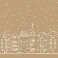 ilustração em vetor inverno cidade europeia paisagem. desenho de linha da arquitetura escandinava. horizonte de edifícios. linha de design de casas para cartão, banner, convite.