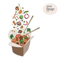 macarrão chinês com legumes na caixa são desenhados em um estilo de desenho animado. ingredientes, frango, cogumelos, macarrão, tinturas, carcle, ballcoli, aspargos caem na caixa. Desenho de vetor, entrega vetor